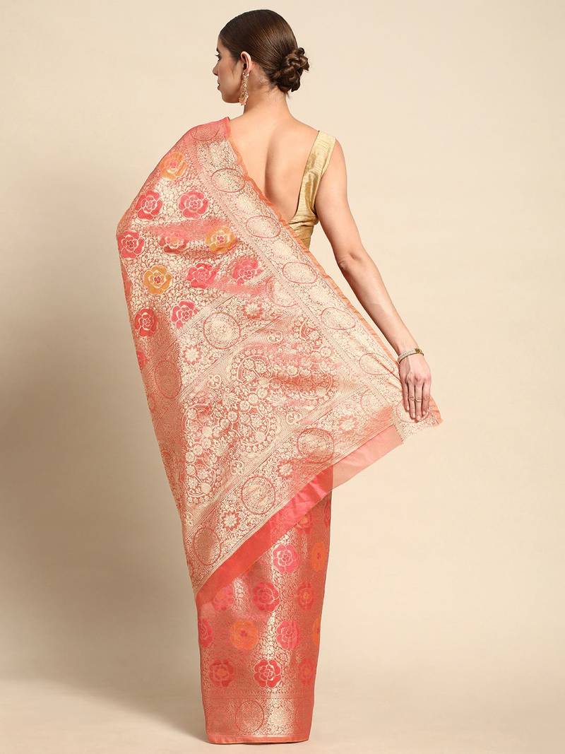 pink floral zari organza kanjeevaram saree