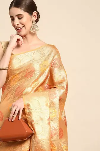 Cream cream-coloured & gold-toned woven design zari silk blend banarasi saree