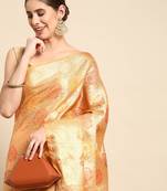 Cream cream-coloured & gold-toned woven design zari silk blend banarasi saree