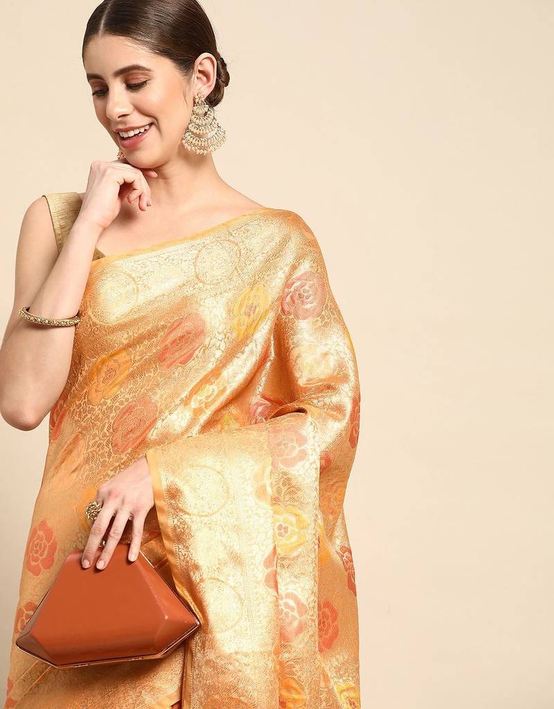 Cream cream-coloured & gold-toned woven design zari silk blend banarasi saree