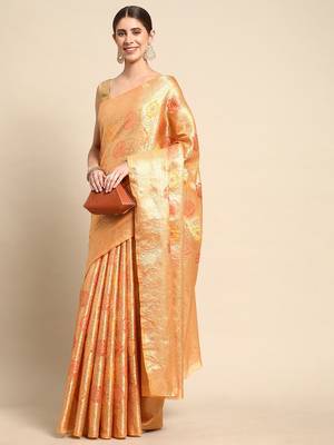Cream cream-coloured & gold-toned woven design zari silk blend banarasi saree 2