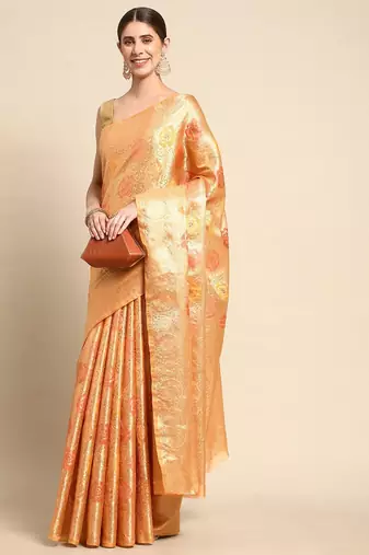 Cream cream-coloured & gold-toned woven design zari silk blend banarasi saree