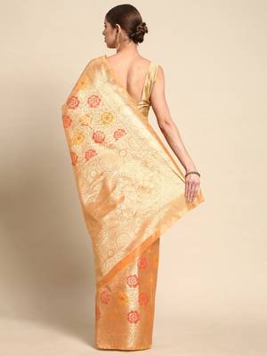 Cream cream-coloured & gold-toned woven design zari silk blend banarasi saree 3