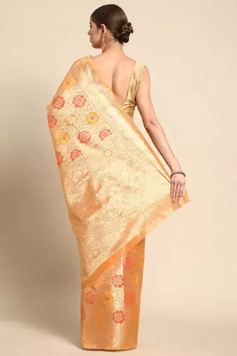 Cream cream-coloured & gold-toned woven design zari silk blend banarasi saree