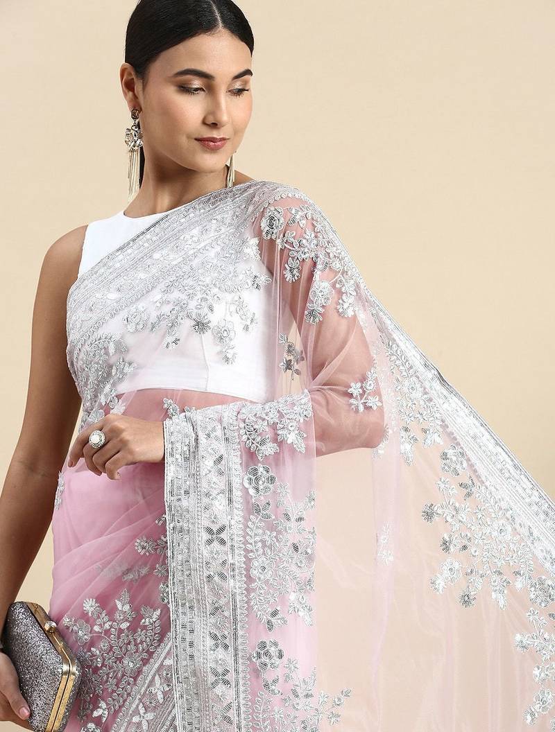 pink embroidered ethnic motifs sequinned net saree