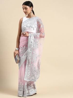 pink embroidered ethnic motifs sequinned net saree 2