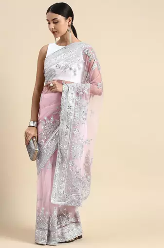 pink embroidered ethnic motifs sequinned net saree