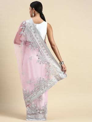 pink embroidered ethnic motifs sequinned net saree 3