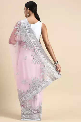 pink embroidered ethnic motifs sequinned net saree