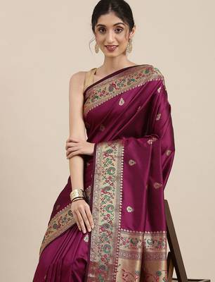 purple purple & golden ethnic motifs zari silk blend paithani saree 1