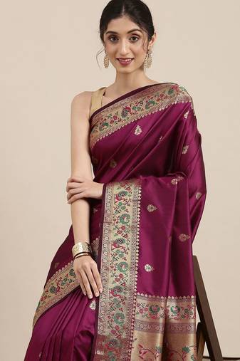 purple purple & golden ethnic motifs zari silk blend paithani saree