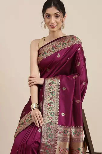 purple purple & golden ethnic motifs zari silk blend paithani saree
