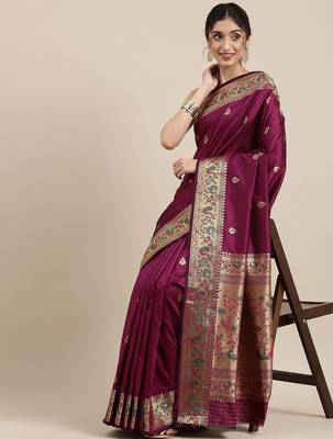 purple purple & golden ethnic motifs zari silk blend paithani saree 2