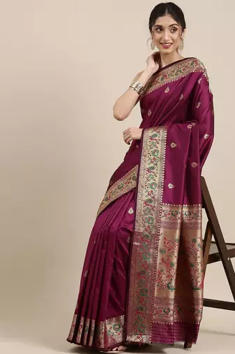 purple purple & golden ethnic motifs zari silk blend paithani saree