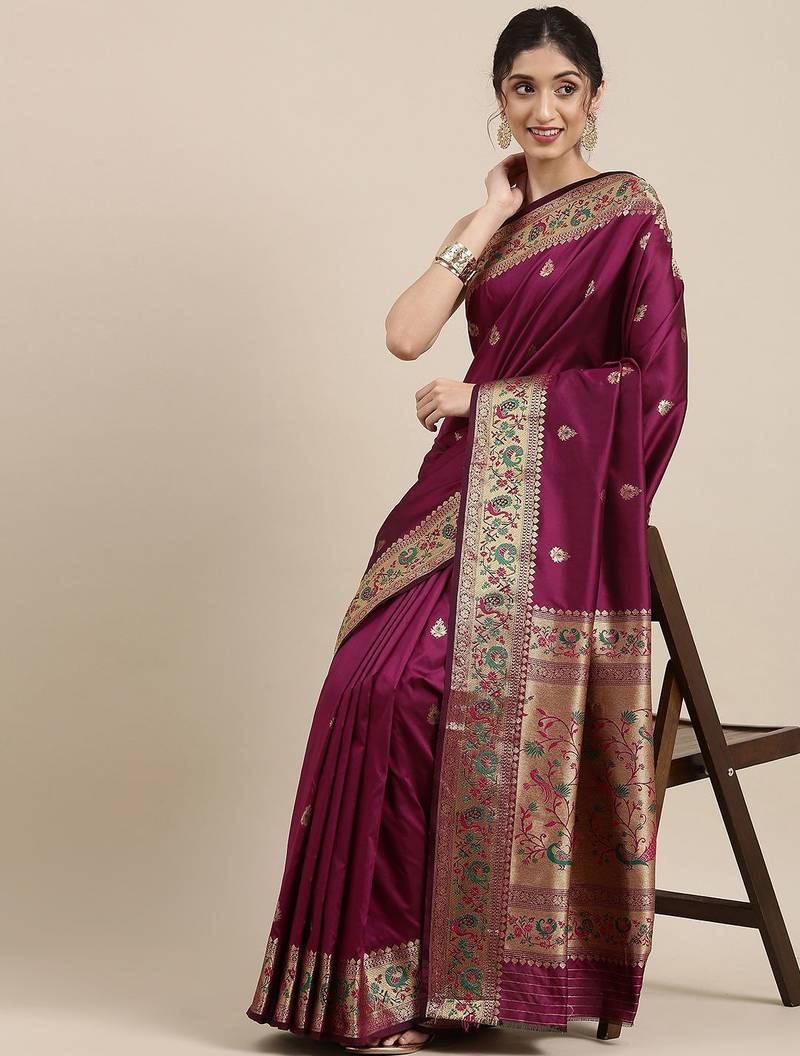 purple purple & golden ethnic motifs zari silk blend paithani saree