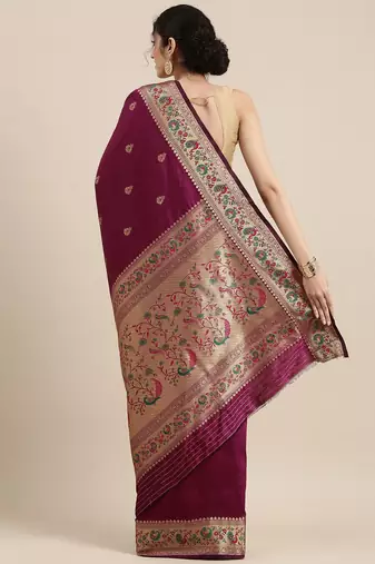 purple purple & golden ethnic motifs zari silk blend paithani saree