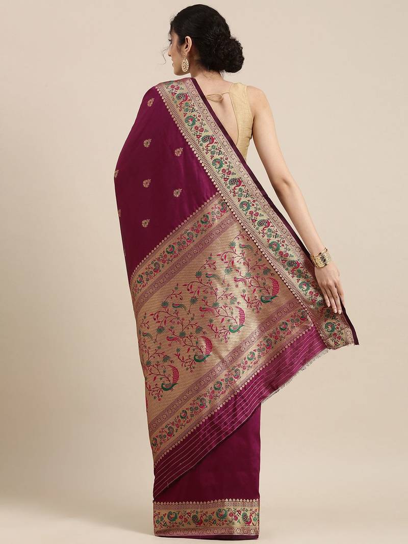 purple purple & golden ethnic motifs zari silk blend paithani saree