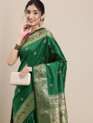 green green & golden ethnic motifs zari silk blend paithani saree 1