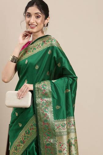 green green & golden ethnic motifs zari silk blend paithani saree