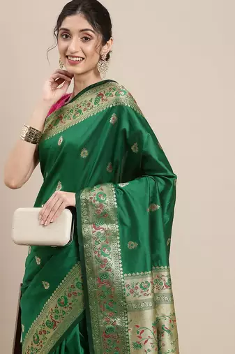 green green & golden ethnic motifs zari silk blend paithani saree