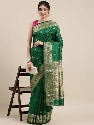 green green & golden ethnic motifs zari silk blend paithani saree 2