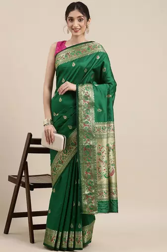 green green & golden ethnic motifs zari silk blend paithani saree