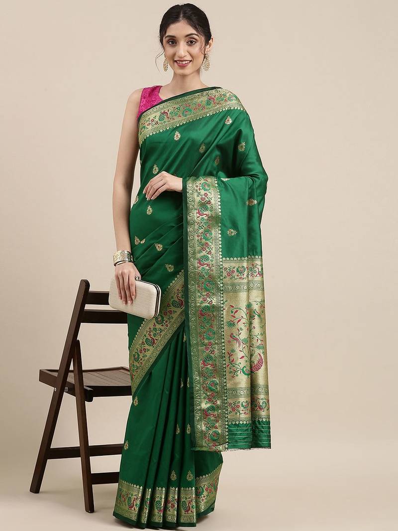 green green & golden ethnic motifs zari silk blend paithani saree