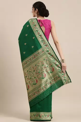 green green & golden ethnic motifs zari silk blend paithani saree