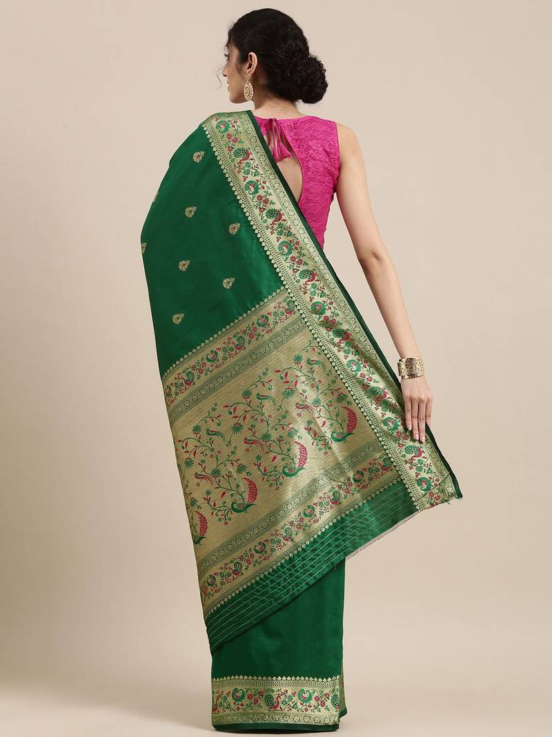 green green & golden ethnic motifs zari silk blend paithani saree