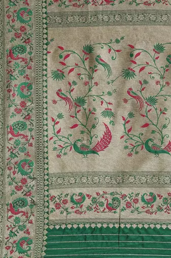 green green & golden ethnic motifs zari silk blend paithani saree