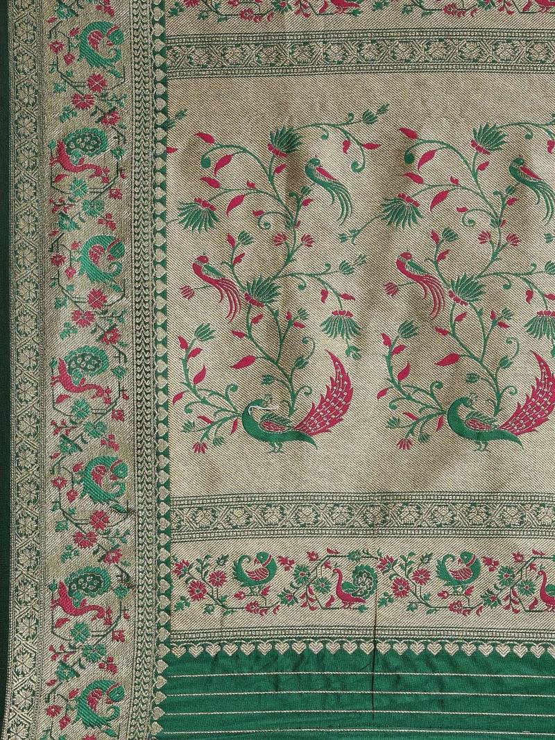 green green & golden ethnic motifs zari silk blend paithani saree