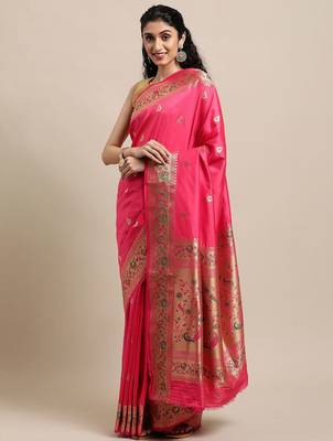peach peach-coloured ethnic motifs zari silk blend paithani saree 1
