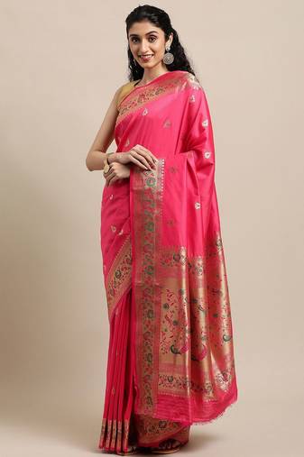 peach peach-coloured ethnic motifs zari silk blend paithani saree