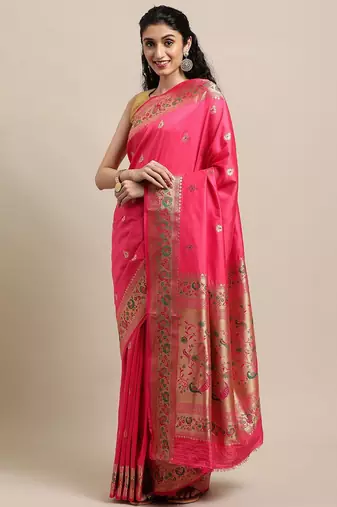 peach peach-coloured ethnic motifs zari silk blend paithani saree