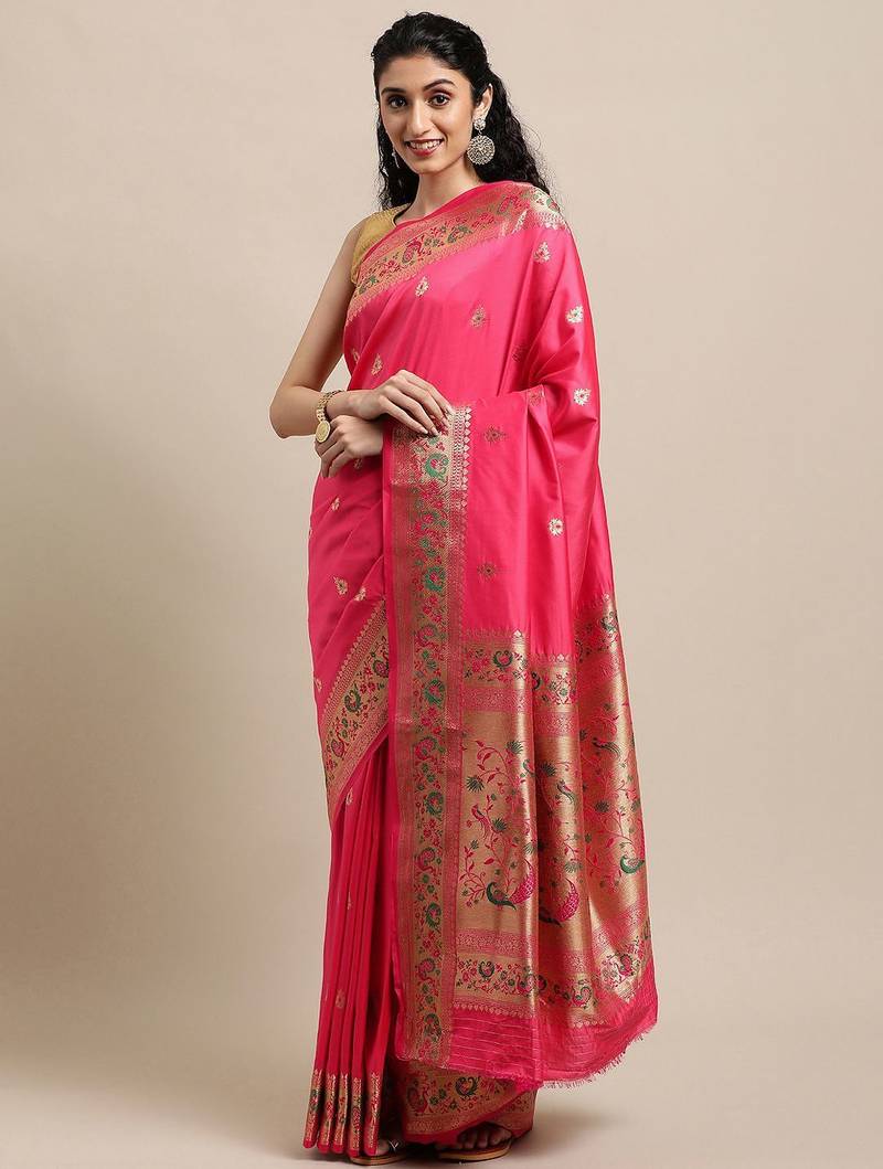 peach peach-coloured ethnic motifs zari silk blend paithani saree