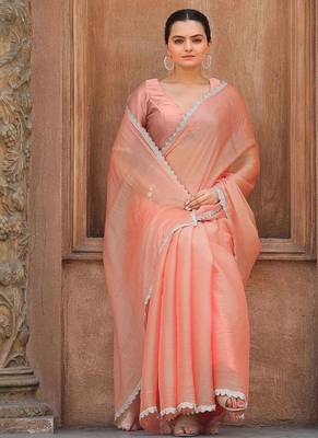 peach women embellished mukaish organza saree 1
