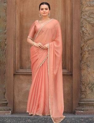 peach women embellished mukaish organza saree 2
