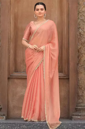 peach women embellished mukaish organza saree