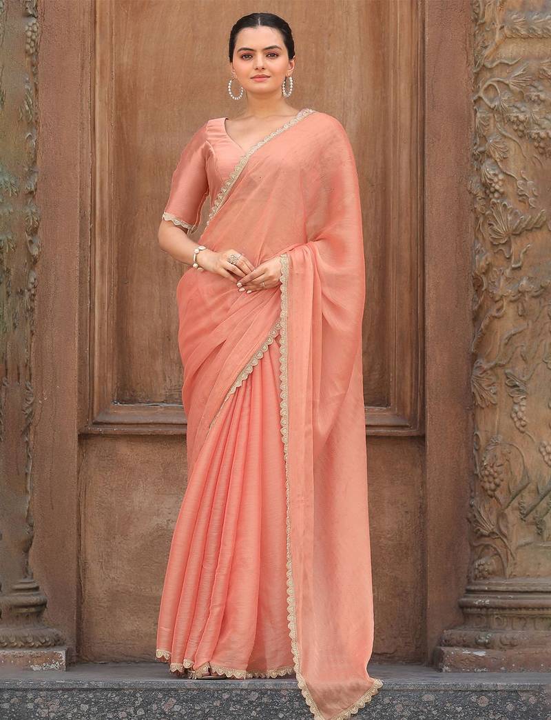 peach women embellished mukaish organza saree