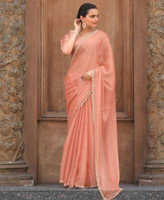 peach women embellished mukaish organza saree 3
