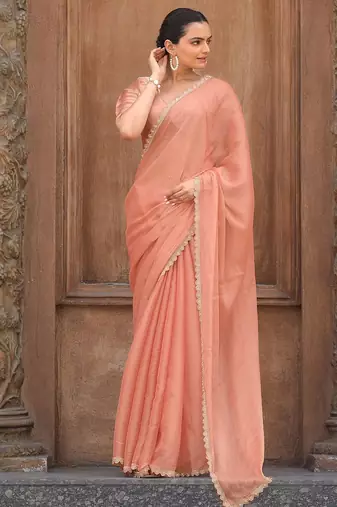 peach women embellished mukaish organza saree