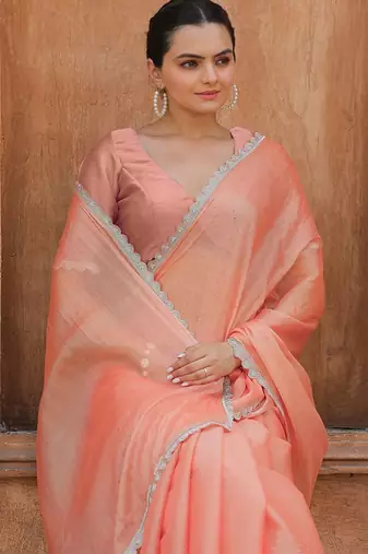 peach women embellished mukaish organza saree
