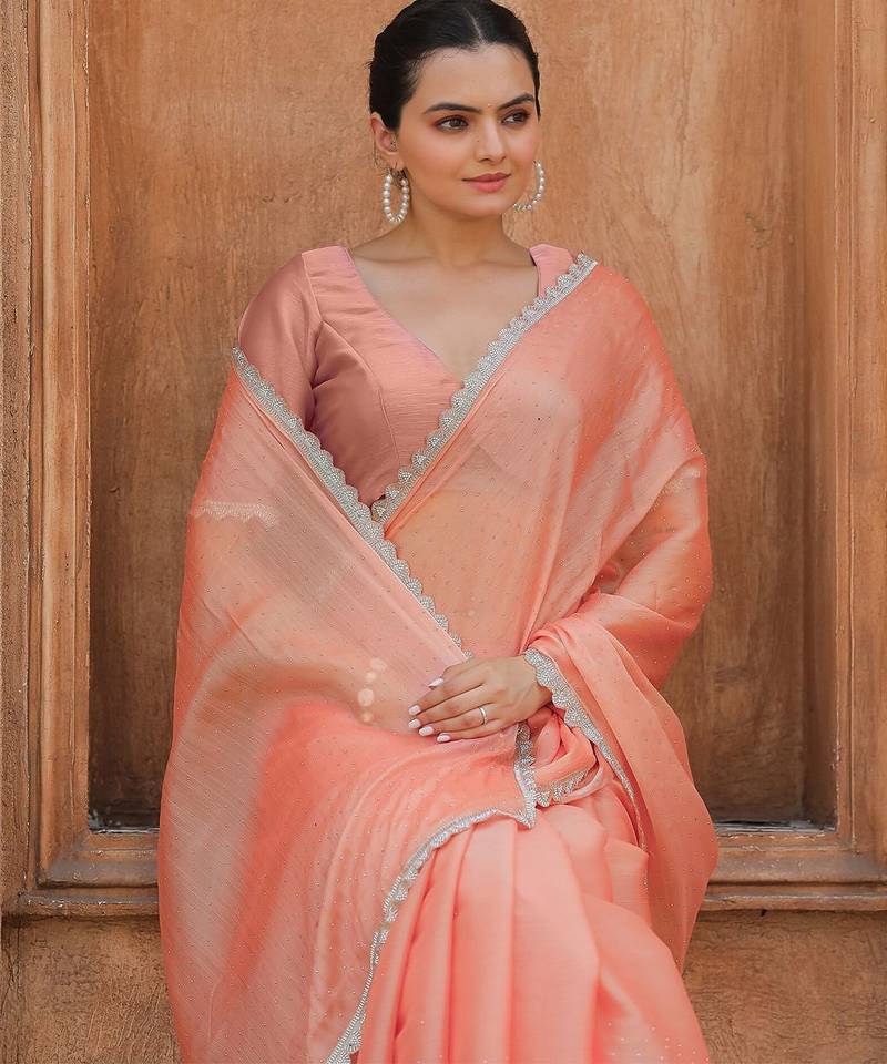 peach women embellished mukaish organza saree