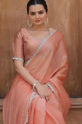 peach women embellished mukaish organza saree