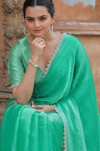 sea_green women embellished beads and stones organza saree