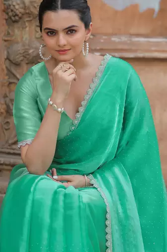 sea_green women embellished beads and stones organza saree