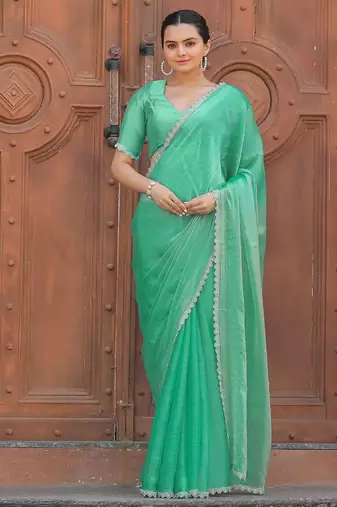 sea_green women embellished beads and stones organza saree