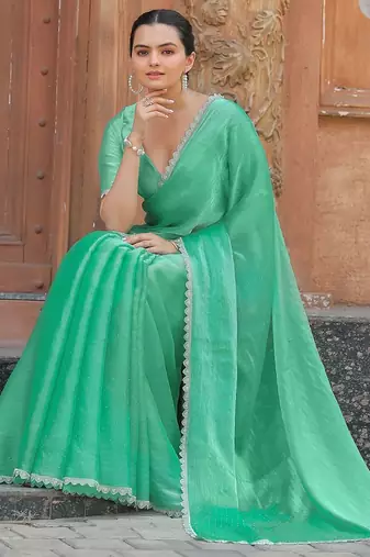 sea_green women embellished beads and stones organza saree