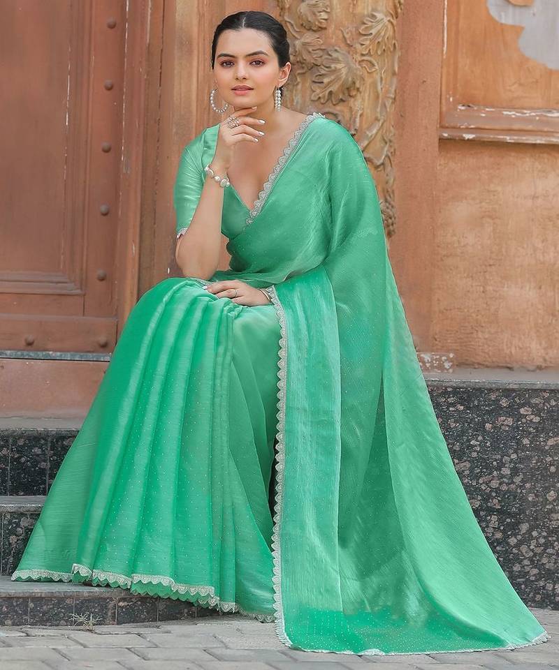 sea_green women embellished beads and stones organza saree