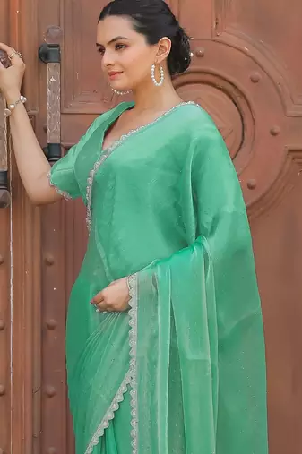 sea_green women embellished beads and stones organza saree